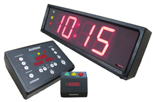 Digital clock reading 10:15 with controllers
