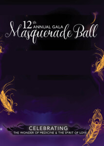 Purple poster with gold feathers for 12th annual GALA masquerade ball.