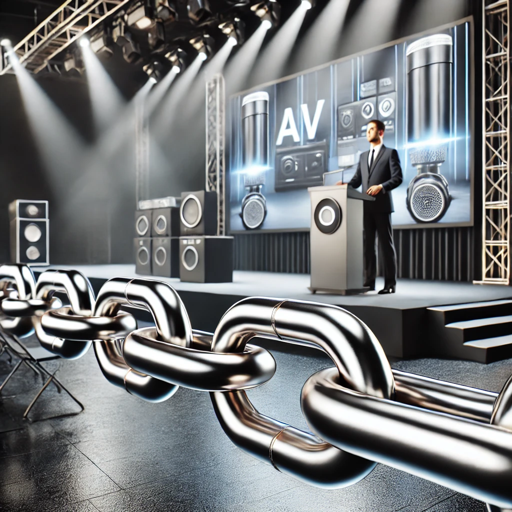 Converters and Extenders-photorealistic-image-showing-a-strong-metallic-chain-linked-to-the-success-of-a-presenter-on-stage.-The-chain-represents-reliability-and-connection