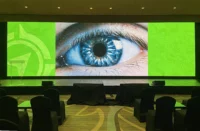 LED Wall cost - Large eye on a green backdrop dislpays on a large LED Wall.